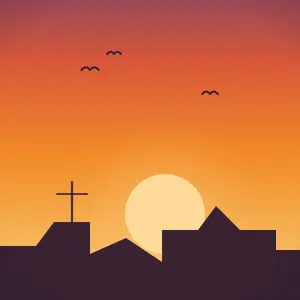 Pôr do sol laranja sobre os telhados